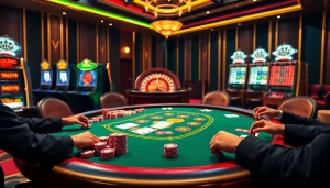 Experience high-stakes poker action at haywin casino, with vibrant chips, cards, and a roulette wheel.