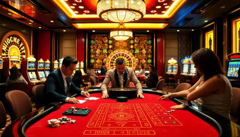 Experience high-stakes gaming at go88's luxurious baccarat table surrounded by thrilling casino visuals.
