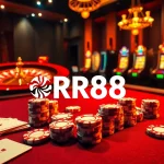 Experience electrifying gaming at RR88 with poker chips and cards on a luxurious casino table.
