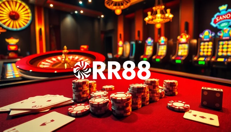 Experience electrifying gaming at RR88 with poker chips and cards on a luxurious casino table.