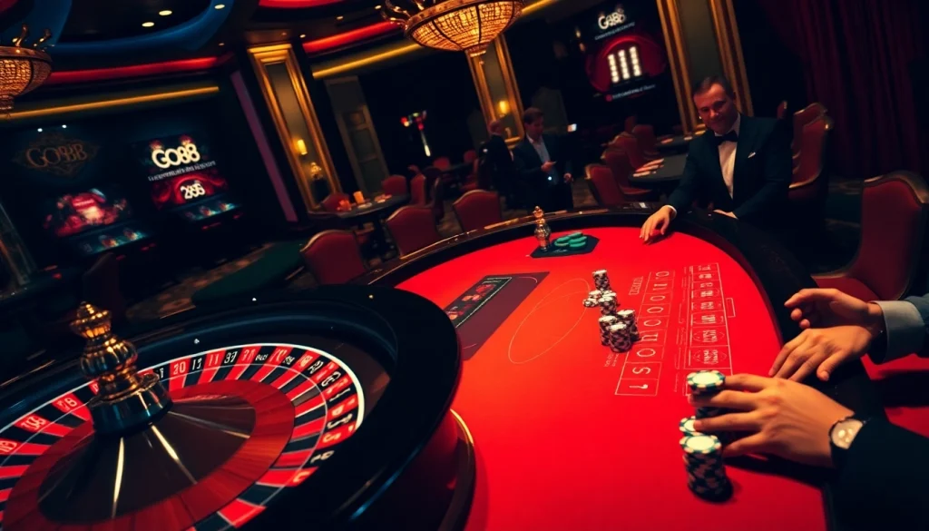 Experience the excitement of GO88 at a vibrant casino table with poker chips and a roulette wheel.