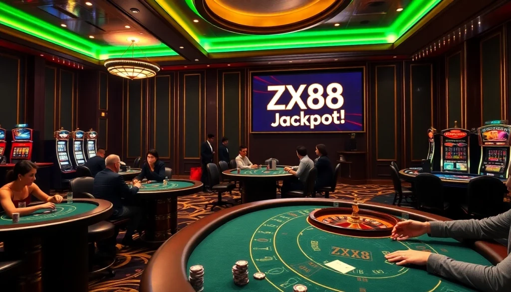 Players enjoying high-stakes casino action at ZX88 with vibrant tables, chips, and roulette wheels.