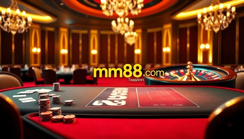 Experience thrilling gaming action at mm88 com with vibrant poker chips and roulette tables in a luxury casino setting.