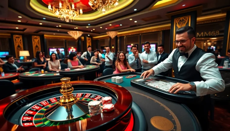 Players enjoying thrilling games at MM88 KJC casino, featuring roulette and poker tables.