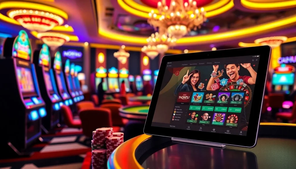 Exciting scene of NOHU casino gaming with players celebrating wins at slot machines and poker tables.