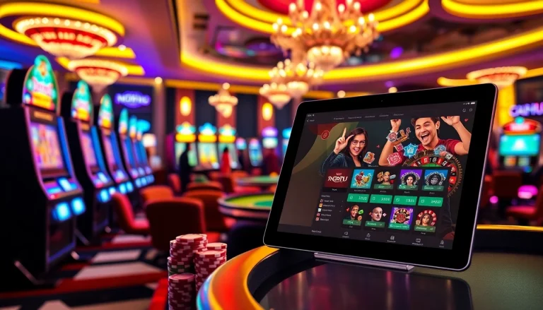 Exciting scene of NOHU casino gaming with players celebrating wins at slot machines and poker tables.