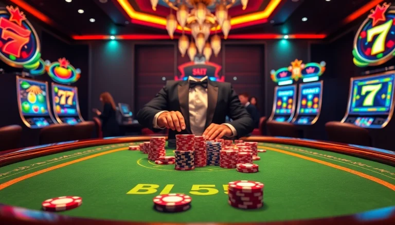 Experience the luxury and excitement of BL555, featuring vibrant poker chips and an engaging dealer at a casino table.