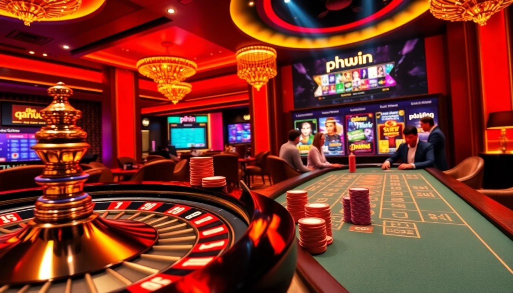 Players enjoying excitement at phwin casino with vibrant tables and chips.