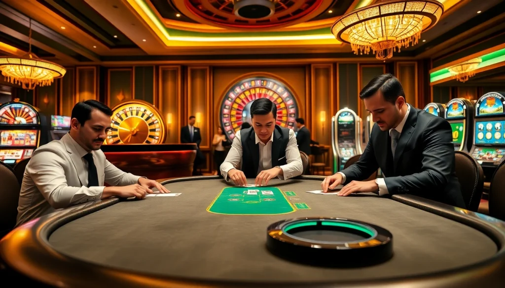 Players at a high-stakes poker table enjoying games at https://dn882.pro/ with a vibrant casino atmosphere.