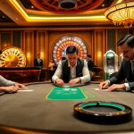 Players at a high-stakes poker table enjoying games at https://dn882.pro/ with a vibrant casino atmosphere.
