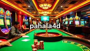 Pahala4d players engaged in a high-stakes poker game at a luxury casino, showcasing excitement and strategy.