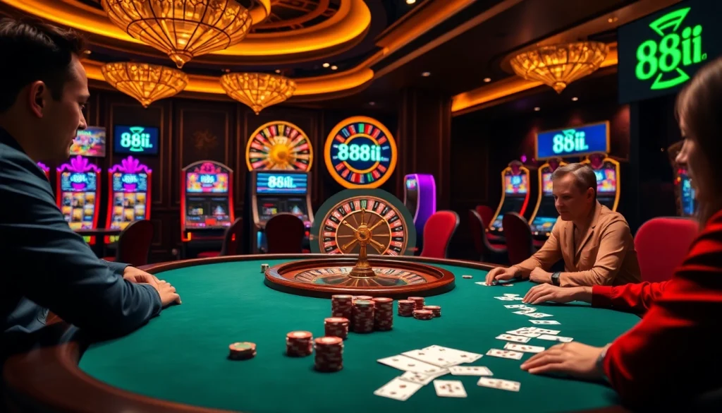 Players engage in high-stakes poker at 88i's luxurious casino, showcasing excitement and strategy.