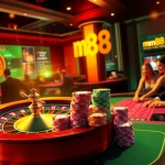 Exciting mm88 casino scene showcasing players at a poker table with colorful chips and a roulette wheel.