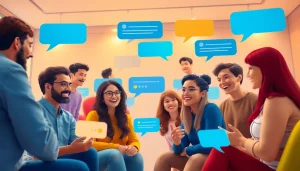 مشهد رقمي حيوي لغرفة دردشة يعرض تفاعلات شات فله مع مستخدمين متنوعين.