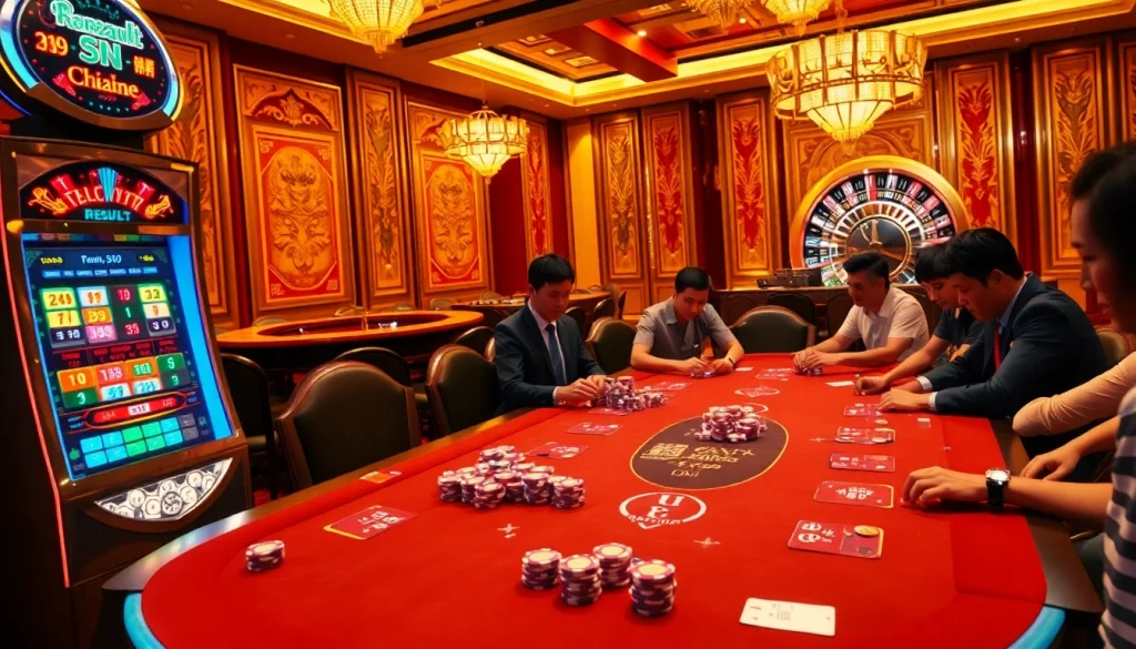 Experience thrilling casino gameplay with colorful chips and cards, featuring a dynamic scene highlighting result china in a luxurious setting.