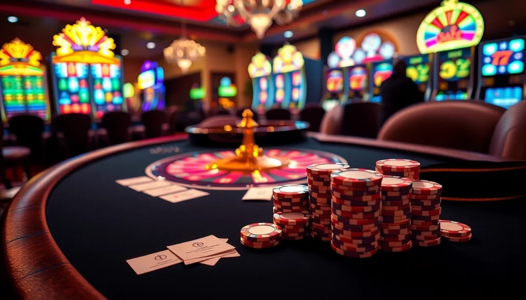 High-stakes gambling experience at https://mb668.co/ with poker chips, roulette wheel, and excited players.