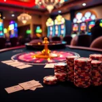 High-stakes gambling experience at https://mb668.co/ with poker chips, roulette wheel, and excited players.