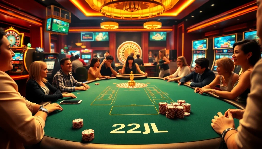 Experience the thrill of 22JL poker with vibrant casino scenes featuring high-quality chips and slot machines.