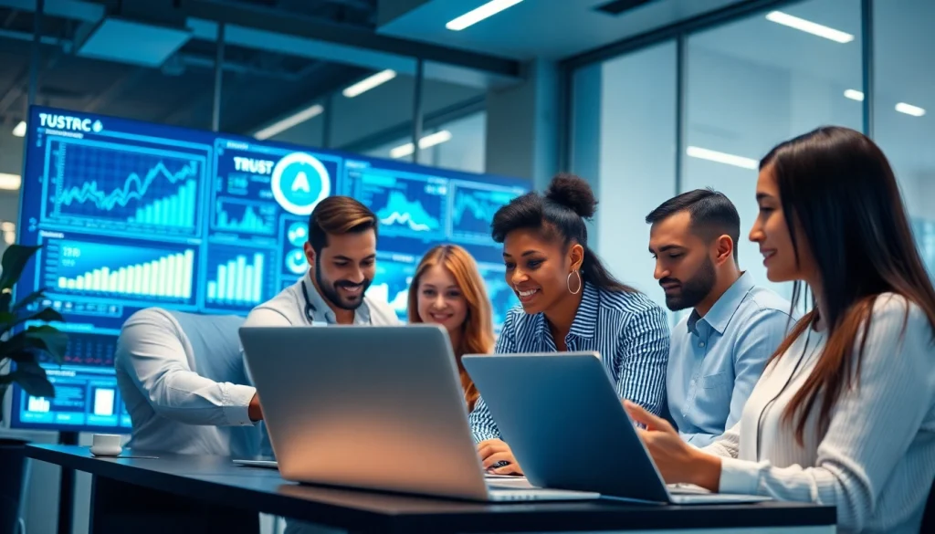 AI integration service provider team working together in a modern office, showcasing collaboration and innovation.