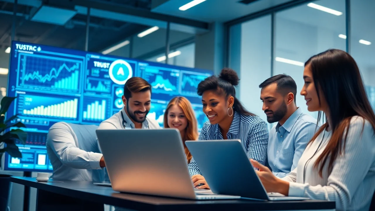 AI integration service provider team working together in a modern office, showcasing collaboration and innovation.