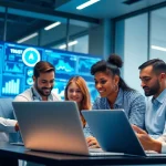 AI integration service provider team working together in a modern office, showcasing collaboration and innovation.