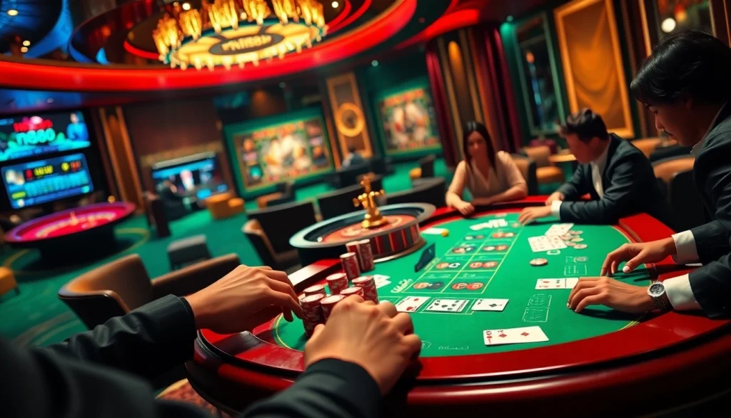 Experience the thrill of nh88 in a vibrant casino scene with engaging poker action and roulette excitement.