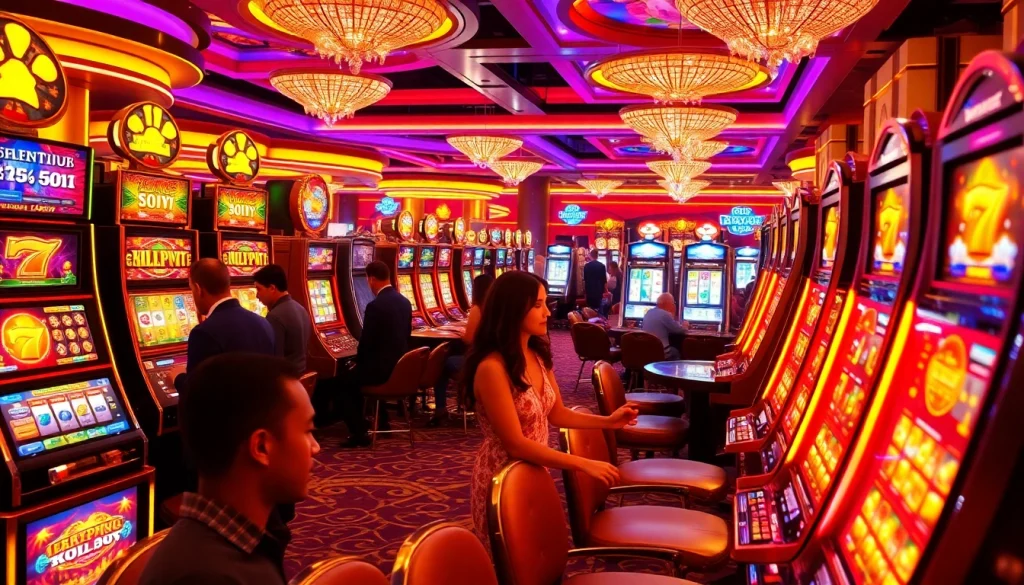Players spinning slot machines, immersed in the excitement of a vibrant casino environment.