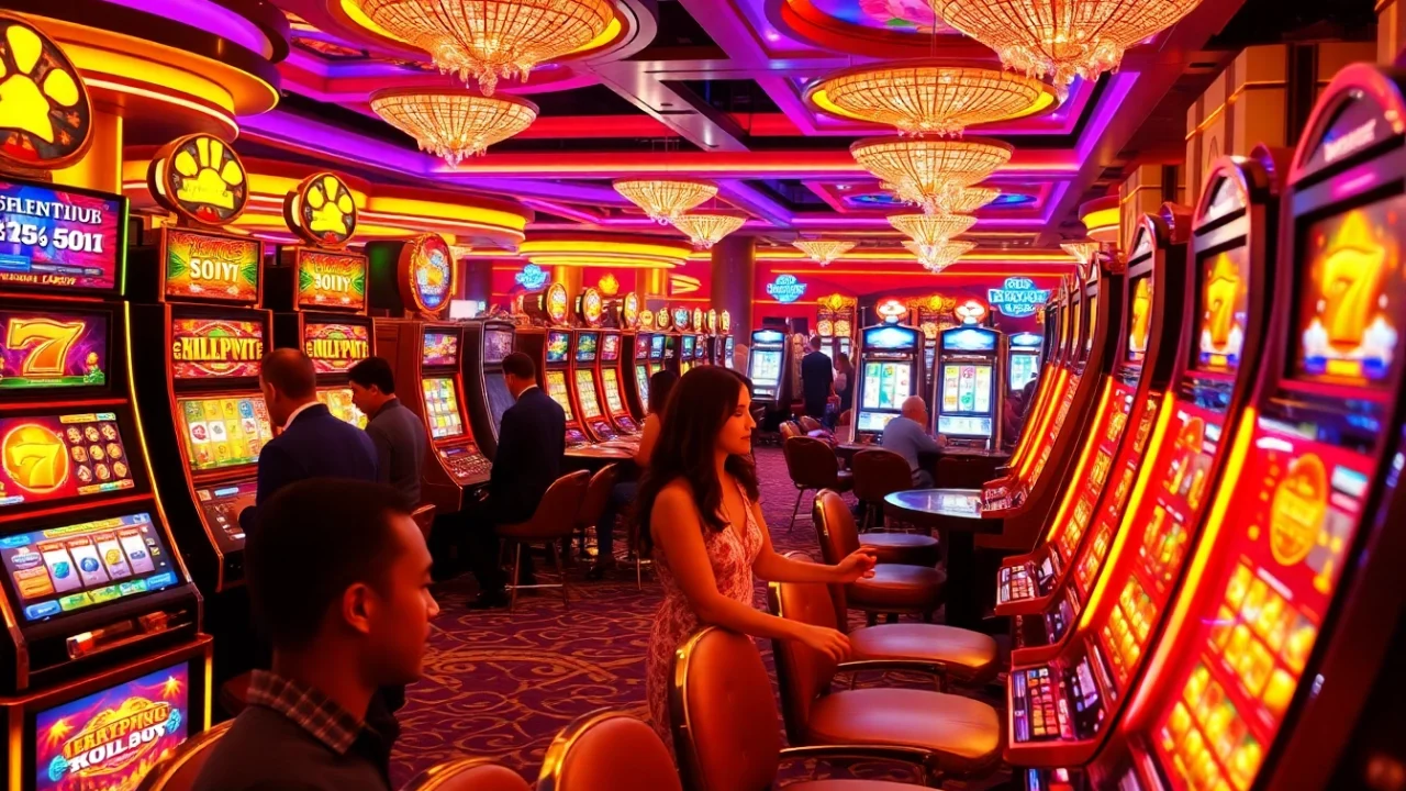 Players spinning slot machines, immersed in the excitement of a vibrant casino environment.
