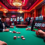 Players engage in poker and roulette at an upscale casino, with https://88okwin.com/ featured on a tablet.