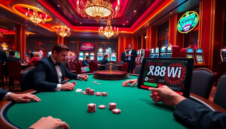 Players engage in poker and roulette at an upscale casino, with https://88okwin.com/ featured on a tablet.