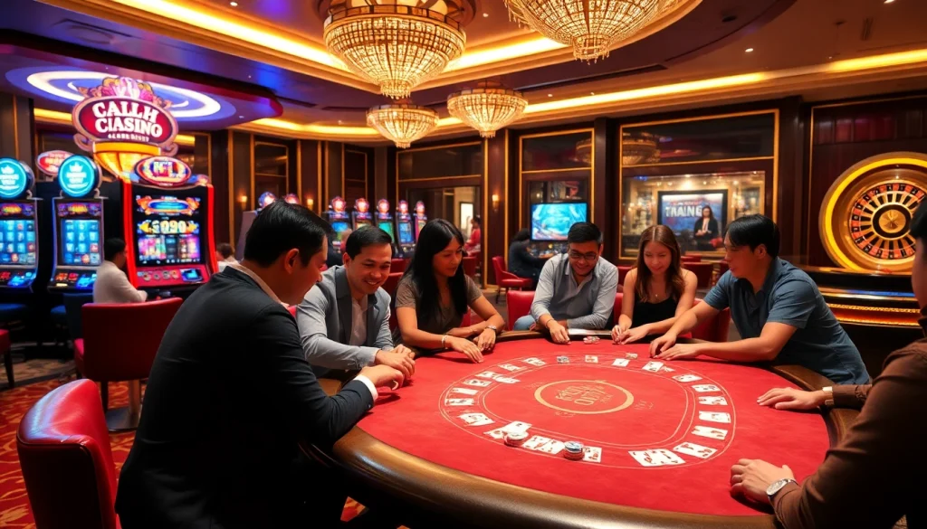 Players enjoying vibrant games at Nhà Cái Luckywin's upscale casino table, with cards and chips in action.