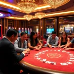 Players enjoying vibrant games at Nhà Cái Luckywin's upscale casino table, with cards and chips in action.