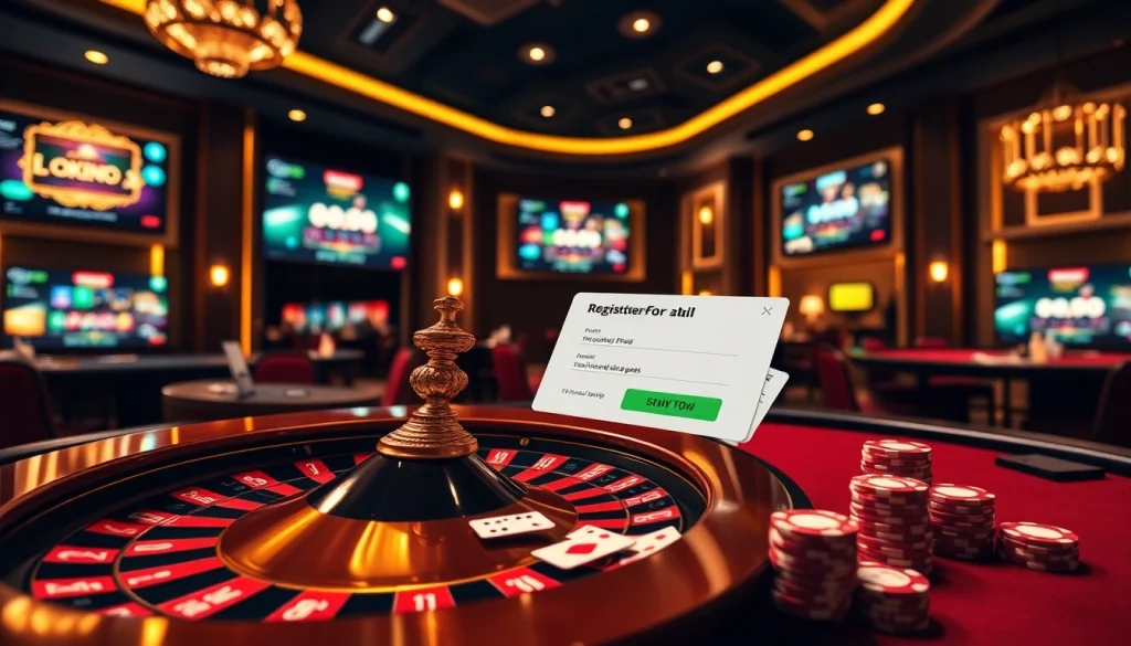 Register for OKFUN in an exciting online casino atmosphere featuring roulette and vibrant poker elements.