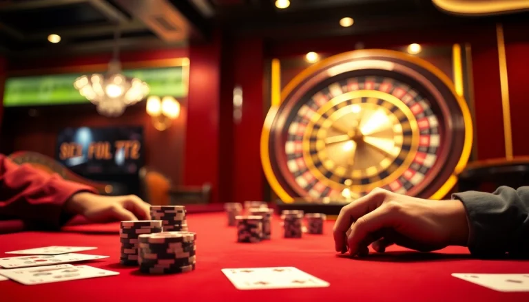 Exciting poker game action at betbdt.art casino with vibrant chips and elegant cards.