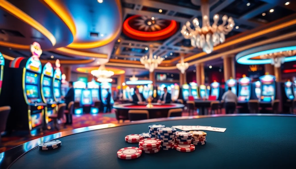 KK55 casino scene with vibrant slot machines and engaging tables, showcasing luxury and excitement.