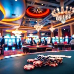 KK55 casino scene with vibrant slot machines and engaging tables, showcasing luxury and excitement.
