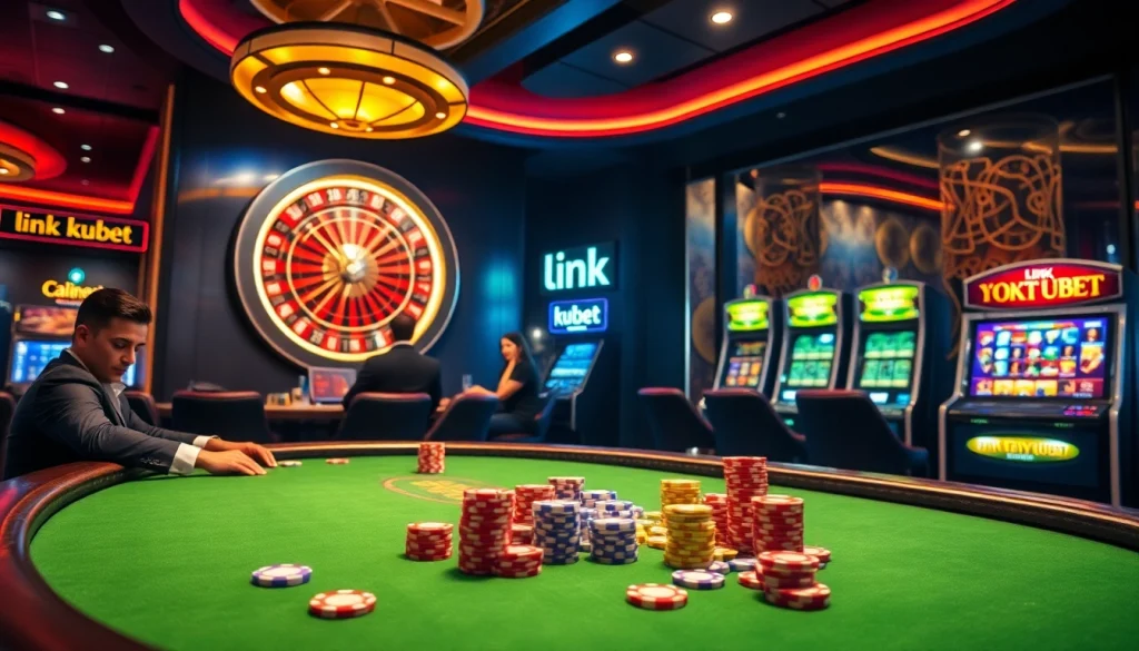 Experience the excitement at Kubet's casino with vibrant gaming tables and engaging players.