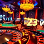Players engaging in thrilling casino games at 23win, surrounded by vibrant gaming tables and glowing slot machines.