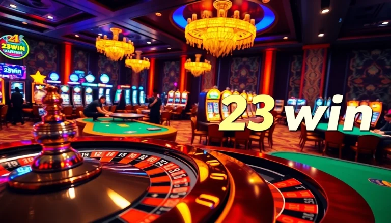 Players engaging in thrilling casino games at 23win, surrounded by vibrant gaming tables and glowing slot machines.