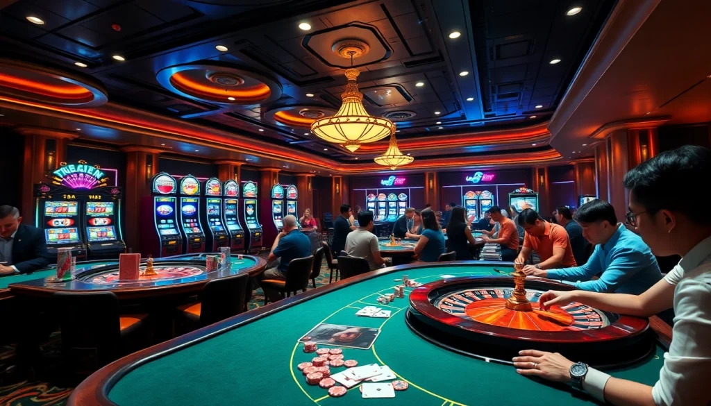 Experience the thrill of game bài đổi thưởng with players at poker tables in a luxurious casino.