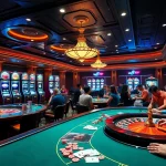 Experience the thrill of game bài đổi thưởng with players at poker tables in a luxurious casino.