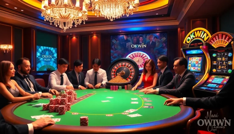 High-stakes gambling scene showcasing professional players at a Nhà Cái OKWIN poker table.