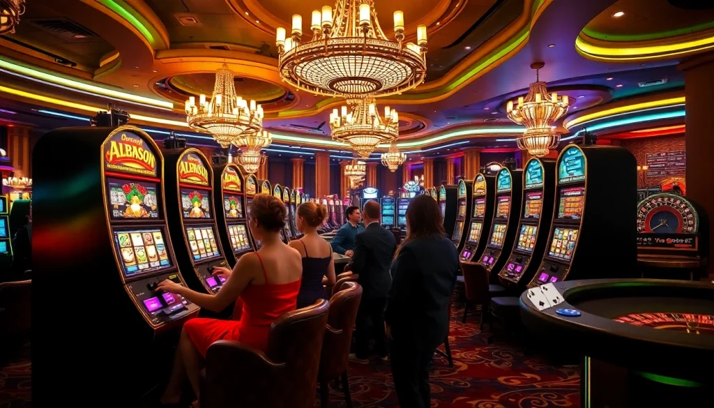 Players enjoying the thrill of spinning a slot machine in a luxurious casino setting.