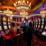 Players enjoying the thrill of spinning a slot machine in a luxurious casino setting.