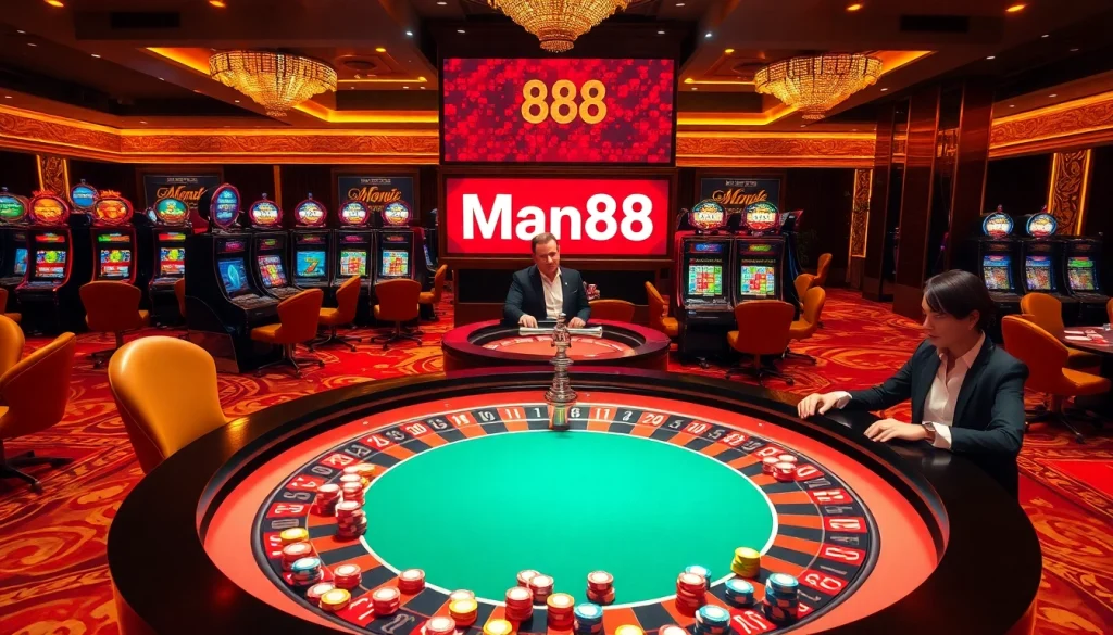 Experience the excitement of Man88 with vibrant casino games and roulette tables in this thrilling atmosphere.