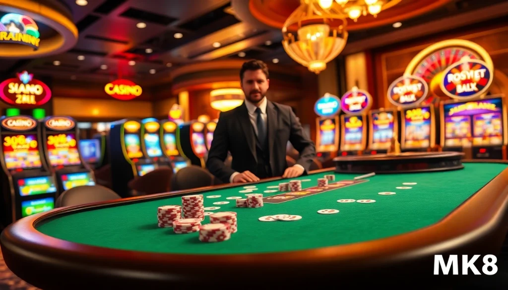 Play and win at สมัคร MK8, featuring exciting poker tables and vibrant casino elements.