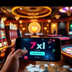 סצנה מרתקת של ממשק הורדת 7XL בטלפון חכם, בין אלמנטים מהקזינו הצבעוניים, המדגישה את התלהבות המשתמש.