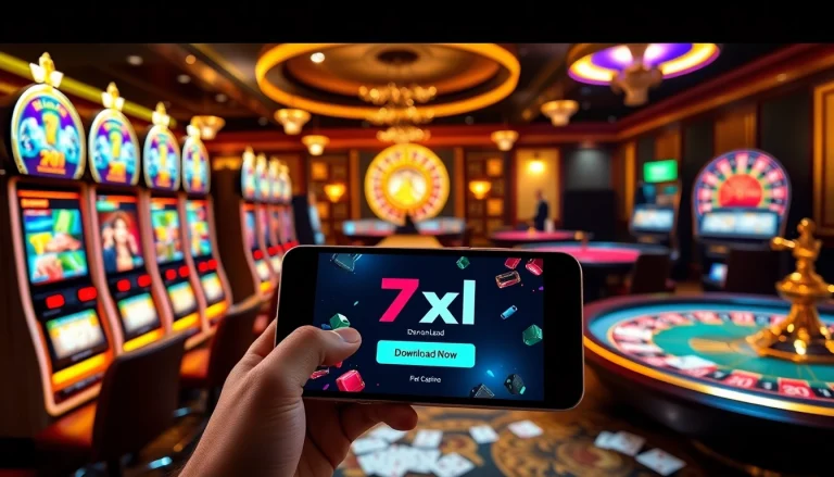 סצנה מרתקת של ממשק הורדת 7XL בטלפון חכם, בין אלמנטים מהקזינו הצבעוניים, המדגישה את התלהבות המשתמש.