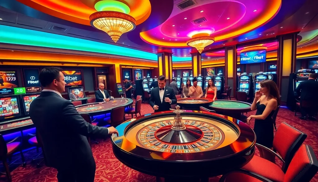 Players engaging in high-stakes games at F8bet casino tables, showcasing excitement and luxury.