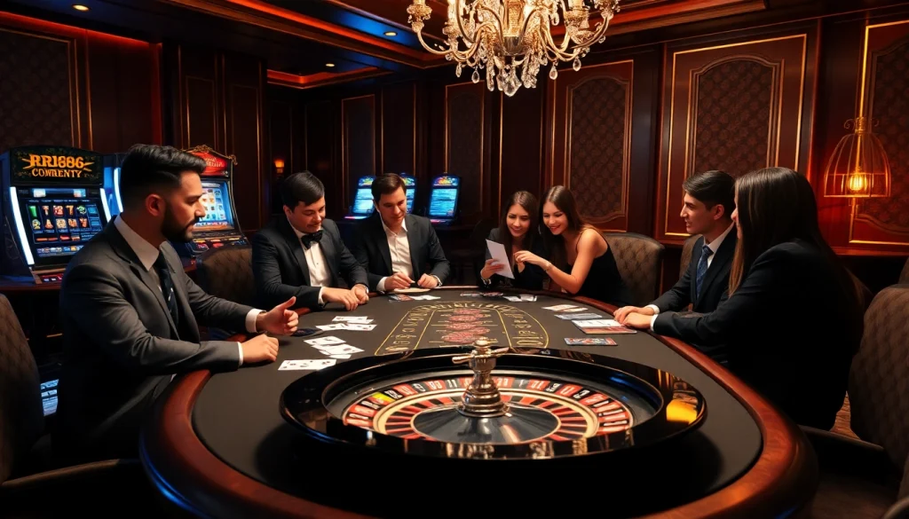 RR88 casino table scene with poker chips and excited players in a luxurious setting.